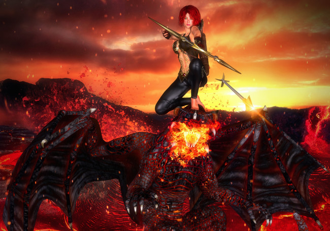 Обои картинки фото 3д графика, фантазия , fantasy, взгляд, девушка, огонь, дракон, фон, оружие