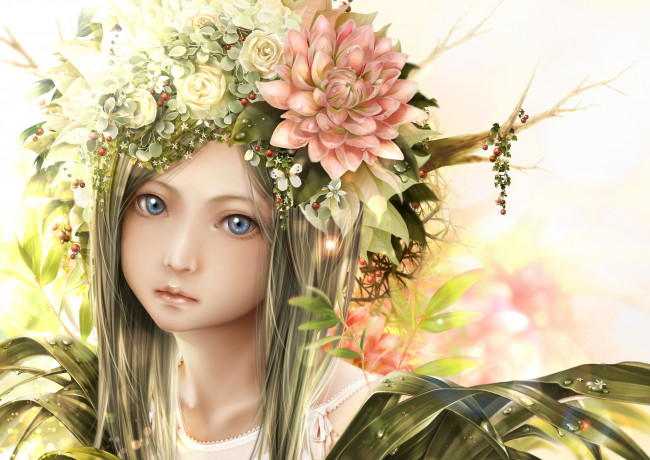Обои картинки фото рисованное, дети, взгляд, портрет, девочка, венок, цветы, листья, bouno, satoshi, веточки, лицо