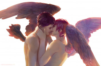 обоя фэнтези, ангелы, парни, крылья