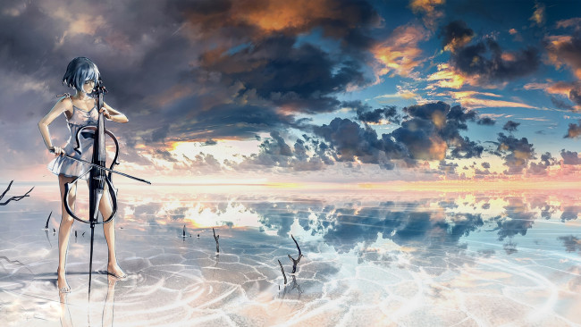 Обои картинки фото аниме, музыка, девушка, облака, отражение, небеса