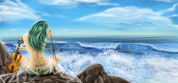 Картинка фэнтези девушки девушка смычок скрипка океан тату фон