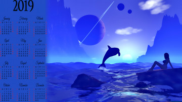 Картинка календари 3д-графика планета водоем девушка дельфин