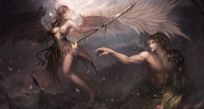 Обои картинки фото фэнтези, ангелы, крылья, фон, мужчина, девушка
