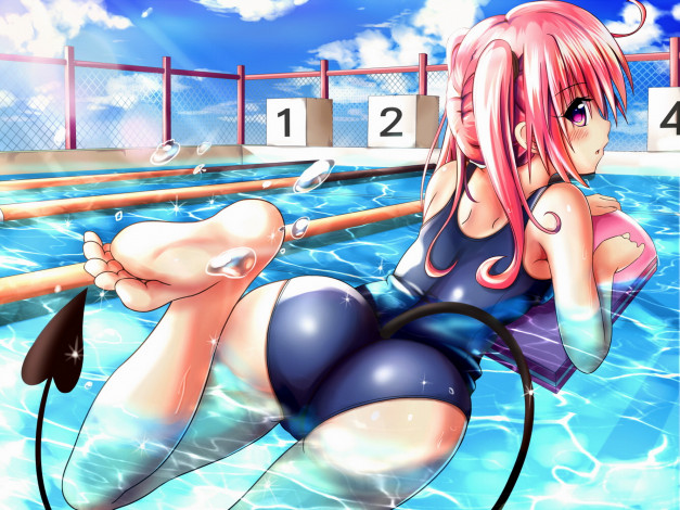 Обои картинки фото аниме, to love ru, хвост, купальник, бассейн, девушка