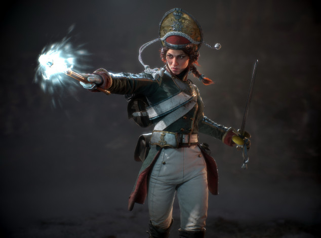 Обои картинки фото видео игры, ---другое, женщина, солдат, магия, оружие, мундир, ракурс
