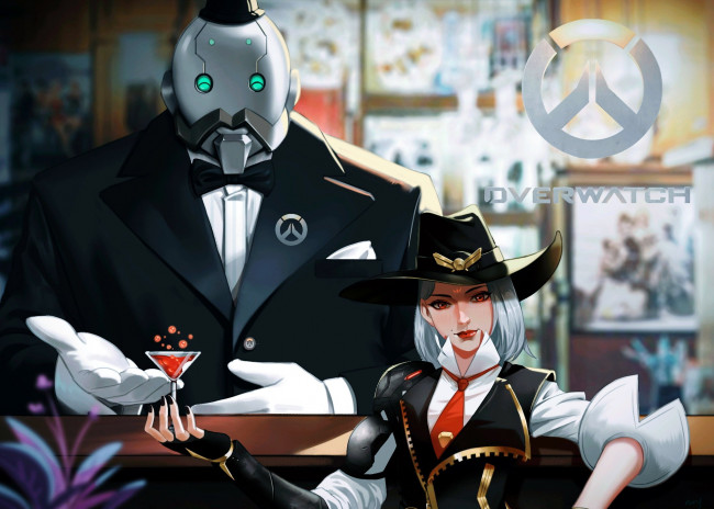 Обои картинки фото видео игры, overwatch, ashe, шляпа, робот, бокал