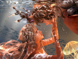 обоя фэнтези, русалки, девушки, вода, медуза