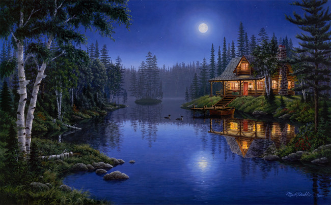 Обои картинки фото moonlight, serenade, рисованные, mark, daehlin, lake, house, night, forest, painting, ducks
