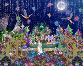 Картинка 3д графика fantasy фантазия деревья бабочки цветы