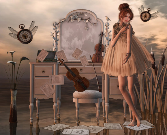 Обои картинки фото 3д, графика, fantasy, фантазия, девушка, часы, скрипка, зеркало