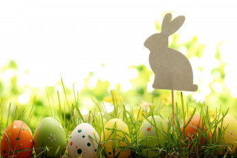 Картинка праздничные пасха трава природа фигурка яйца кролик весна easter праздник