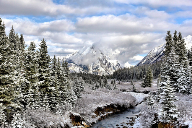 Обои картинки фото природа, зима, деревья, горы, река