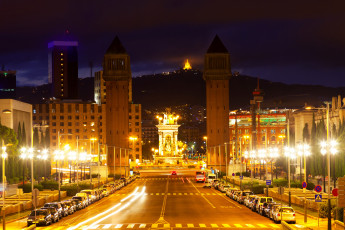 Картинка города барселона+ испания фонари ночь дороги дома spain catalonia barcelona