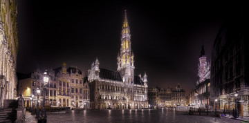 обоя grand place of bruxelles, города, брюссель , бельгия, ночь, ратуша, площадь