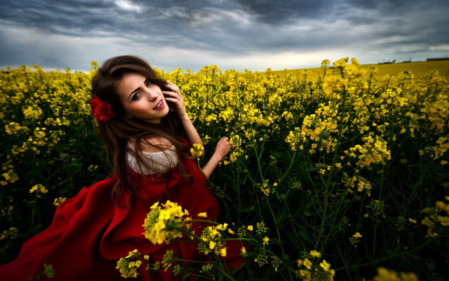 Обои картинки фото девушки, -unsort , брюнетки,  шатенки, цветы, девушка, поле, облака, улыбка, шатенка, кареглазая