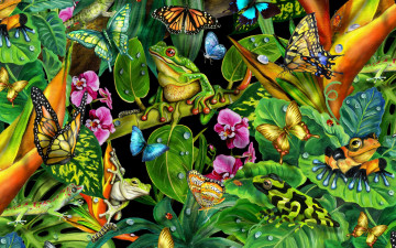 обоя рисованное, животные, растение, лягушки, бабочки
