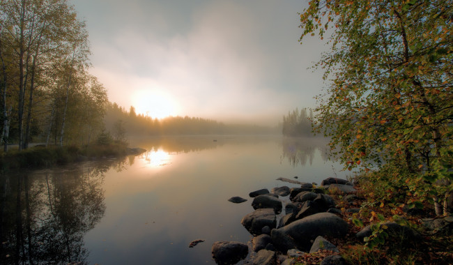 Обои картинки фото природа, восходы, закаты, туман, утро, осень, озеро