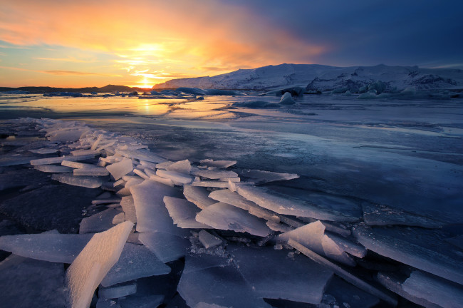 Обои картинки фото природа, зима, ледник, лед, исландия, пейзаж, закат