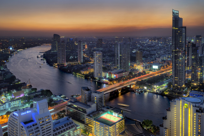 Обои картинки фото chao phraya river, города, - панорамы, ночь, река, мост, огни