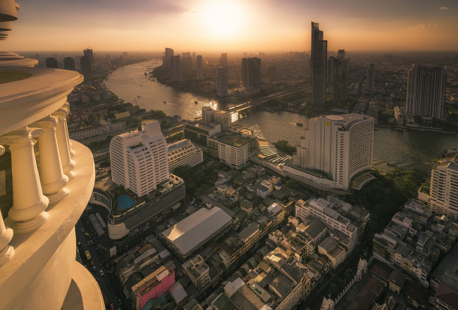 Обои картинки фото bangkok sunset, города, бангкок , таиланд, река, панорама