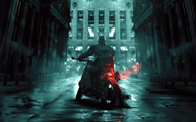 Обои картинки фото кино фильмы, the batman, бэтмен, мотоцикл, город