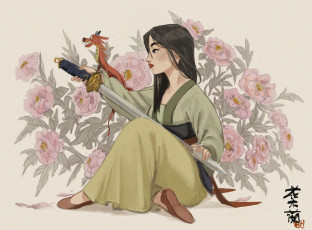 Картинка рисованное кино +мультфильмы мулан меч дракон цветы