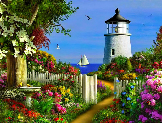 Обои картинки фото рисованное, alan giana, маяк, сад, цветы, деревья, забор, яхта, море