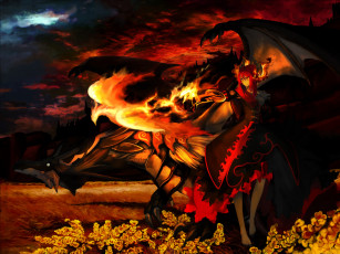 Картинка аниме angels demons рога дракон огонь девушка демон цветы крылья меч феникс зарево ночь