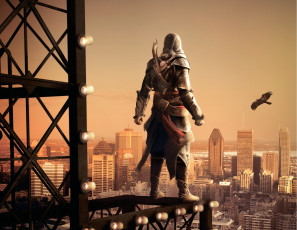 Картинка assassins creed видео игры assassin`s revelations эцио стоит смотрит на современный город