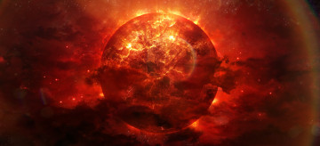 Картинка космос арт alienphysique katherl hannes планета разломы трещины огонь взрыв энергия туманность красная