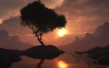 Картинка 3д графика nature landscape природа горы солнце дерево