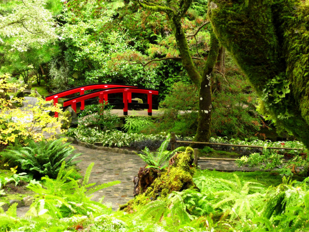 Обои картинки фото butchart, gardens, victoria, канада, природа, парк, мостик, деревья, дорожки, japanese