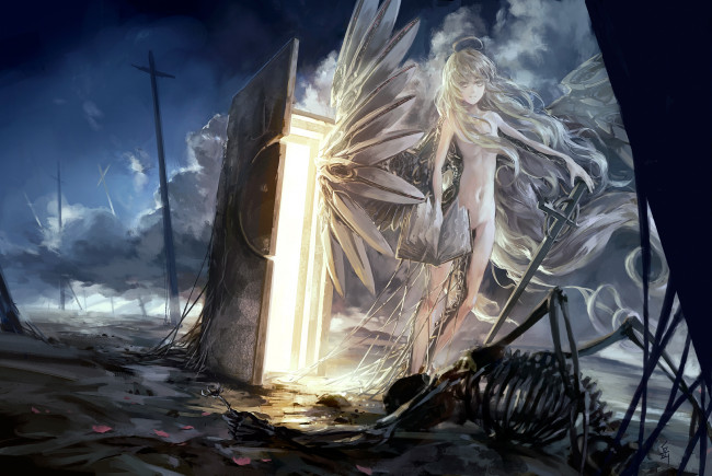 Обои картинки фото аниме, angels, demons, скелет, книга, ангел, крылья, девушка