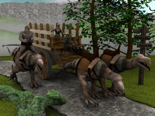 Картинка 3д графика fantasy фантазия телега динозавры