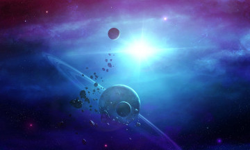 Картинка космос арт планеты туманность астероиды кольца звезда