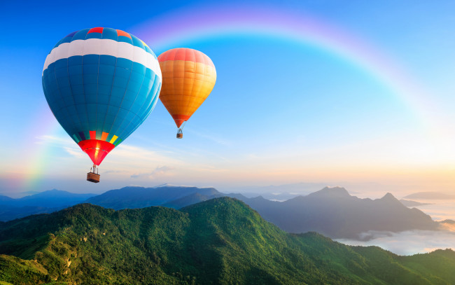 Обои картинки фото авиация, воздушные, шары, холмы, радуга, высота