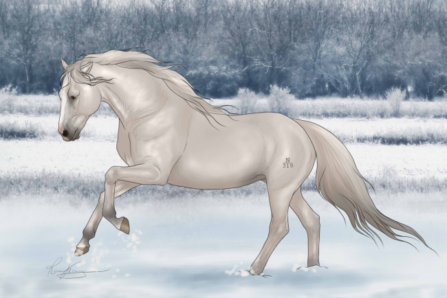 Обои картинки фото рисованные, животные, лошади, лошадь, снег