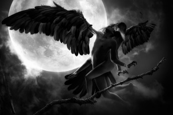 Картинка фэнтези фотоарт полёт луна ночь крылья парень девушка арт фантазия