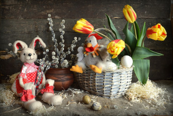 Картинка праздничные пасха игрушки кролик курица яйца верба тюльпаны