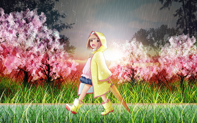 Обои картинки фото аниме, unknown,  другое, девочка, арт, дождь, зонт, кусты, весна