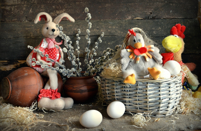 Обои картинки фото праздничные, пасха, корзинка, яйцо, кролик, курица, игрушки, верба