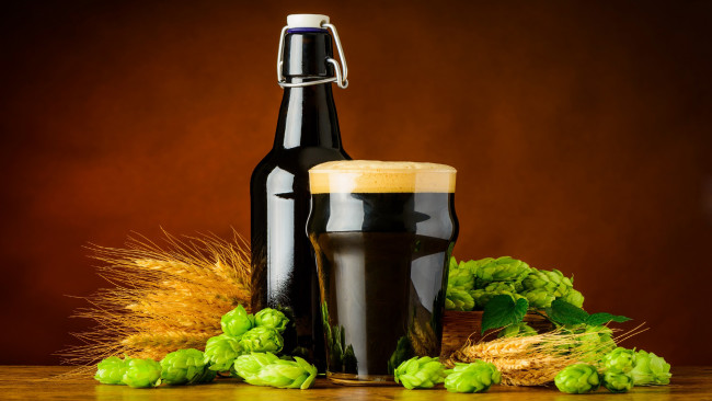 Обои картинки фото еда, напитки,  пиво, бокал, темное, бутылка, пиво, хмель, овес