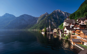 Картинка города гальштат+ австрия отражение озеро горы