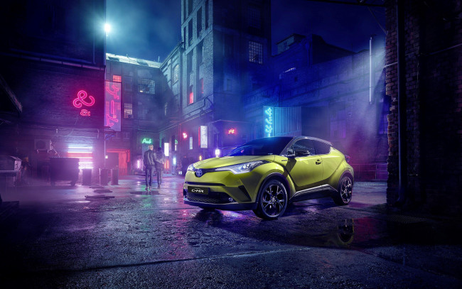 Обои картинки фото 2019 toyota c-hr, автомобили, toyota, ночной, город, переходы, jbl, неоновая, известь, 2019, chr, японские, тойота