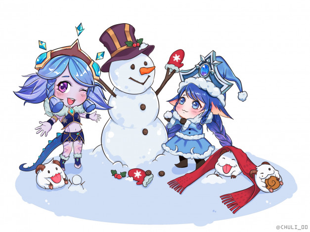 Обои картинки фото видео игры, league of legends, снеговик, девочки, пор, зима, шарф