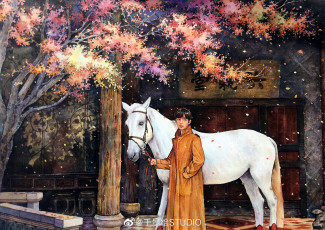 Картинка рисованное кино +мультфильмы парень плащ лошадь деревья