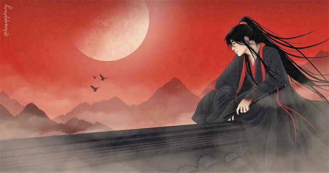 Обои картинки фото аниме, mo dao zu shi, вэй, усянь, крыша, флейта, горы, закат