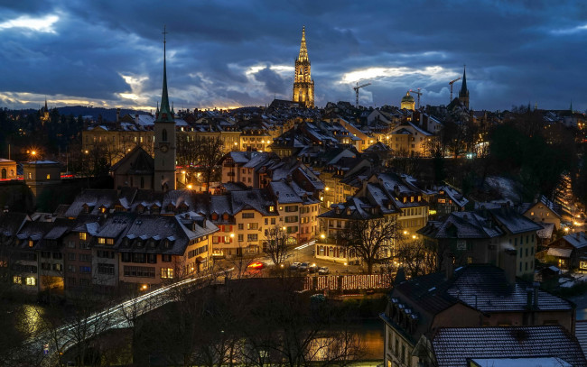 Обои картинки фото города, берн , швейцария, вечер, огни, панорама