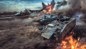 обоя видео игры, war thunder, танки, вертолет, огонь