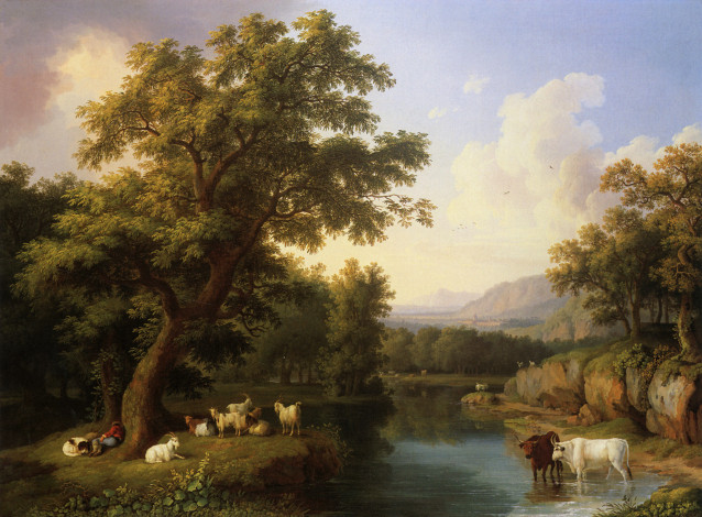 Обои картинки фото рисованные, живопись, деревья, река, животные